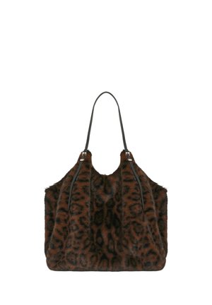 Große braun-schwarze Leopardenmuster Kunstfell-Tasche mit dünnen schwarzen Schulterriemen und silbernen Schnallendetails.