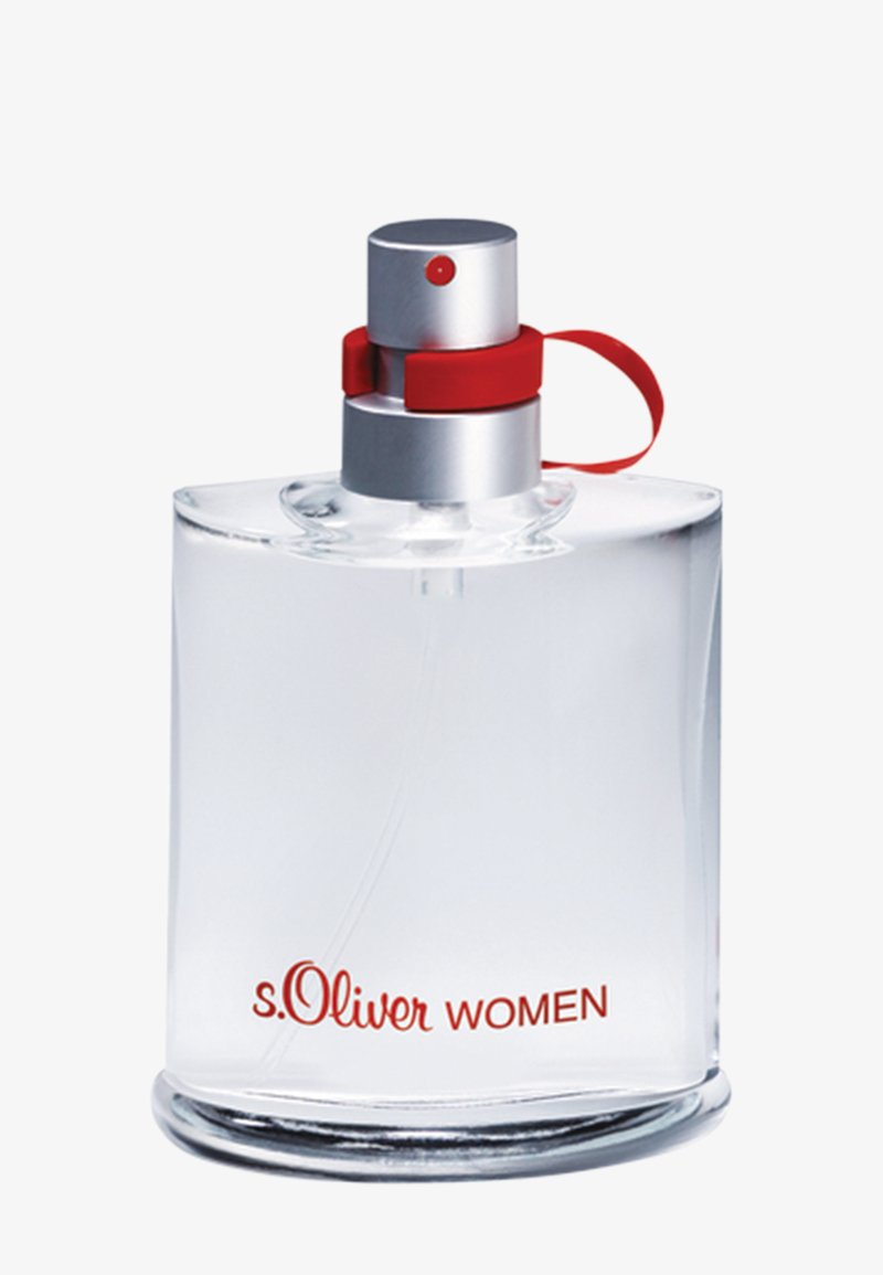Flacon de parfum rectangulaire transparent avec pulvérisateur argenté, anneau rouge, et "s.Oliver WOMEN" imprimé en rouge sur le devant.