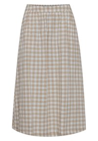 Ruskea ja valkoinen ruudullinen hame, keskipitkä, valmistettu kevyestä kankaasta, jossa on kiitettävä vyötärö ja virtaava muotoilu.