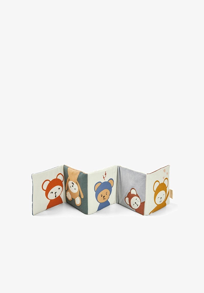 Weiches Stoffbabybuch mit bunten Cartoonbären auf jeder Seite. Enthält verschiedene Texturen und Muster in Orange, Blau, Grau und Creme.