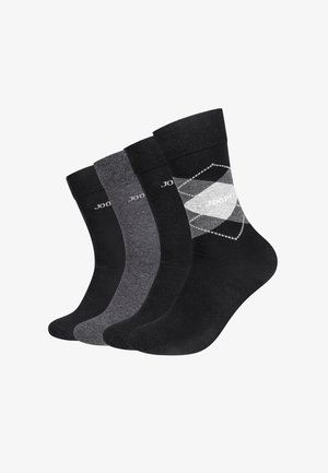 Drei Paar Socken in Schwarz- und Grautönen. Enthält ein Rautenmuster auf dem rechten Paar, mit einem Logo, das oberhalb des Knöchels gedruckt ist.