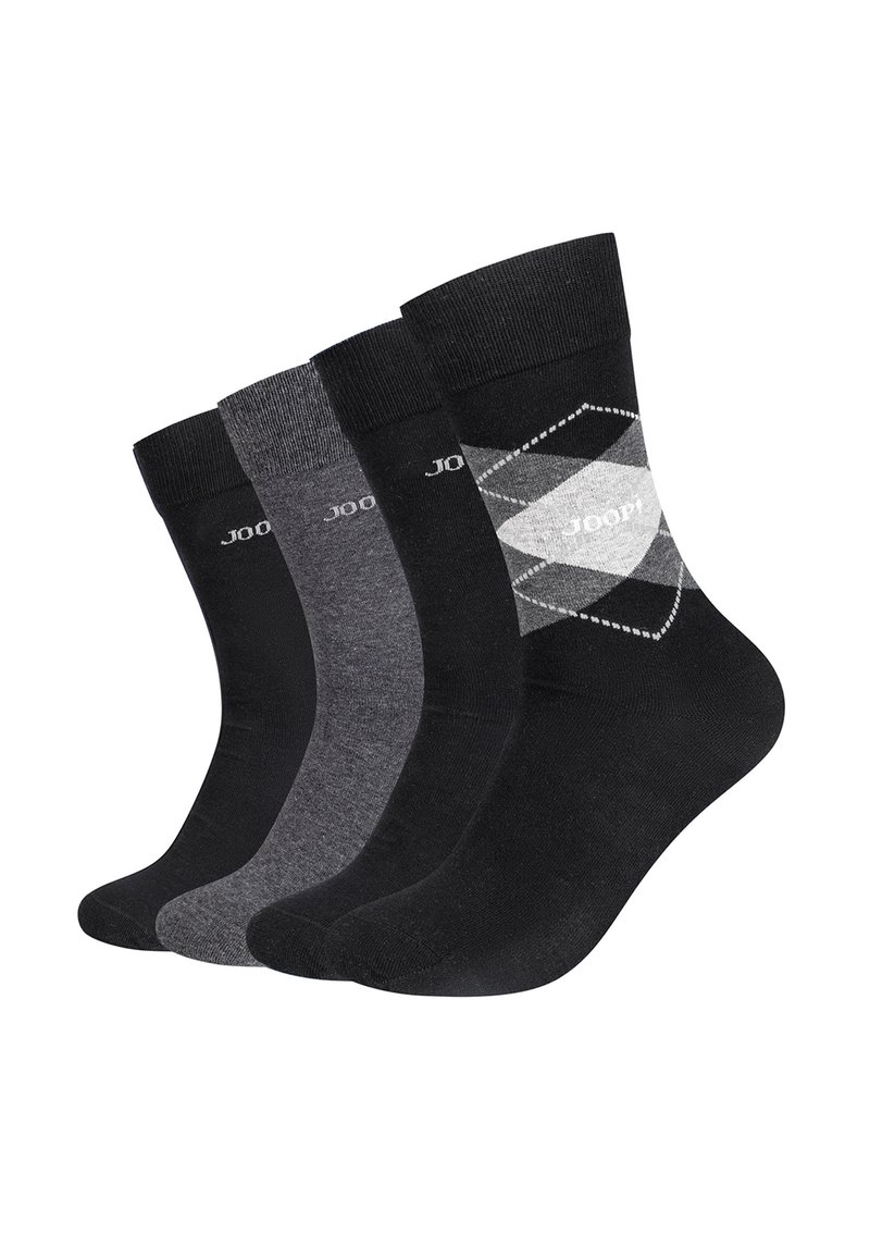 Tre paia di calzini nei toni del nero e del grigio. Include un motivo a diamante sul paio di destra, con un logo stampato sopra la caviglia.
