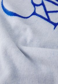 Lyseblåt stof med en blød tekstur, der har et markant blåt grafisk mønster. Materialet ser vævet ud med en let fuzzy overflade.