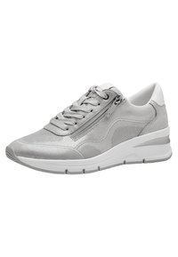 Light gray athletic shoe with a combination of smooth and textured materials, featuring laces, a zipper, and a white sole.