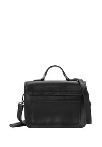 Borsa a tracolla in pelle nera con un design strutturato, dotata di manico superiore, tracolla regolabile, tasca frontale e texture liscia.