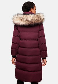 Burgundy puffer coat with a faux fur-lined hood, featuring a quilted design, long sleeves, and mid-length cut.