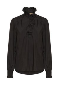 Blouse noire avec un col rufflé haut, des manches longues avec des poignets froncés et un design de volants central à l'avant. Texture lisse.