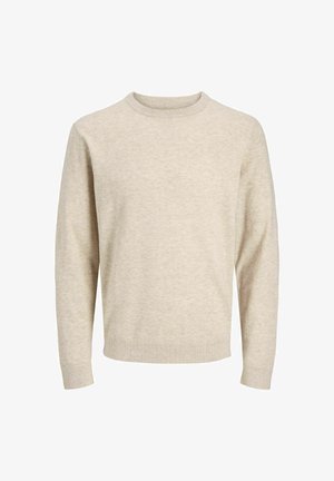 Világos bézs kötött pulóver, kerek nyakkivágással, hosszú ujjal és bordás mandzsettával. Sima textúra, finom melíros mintázattal.