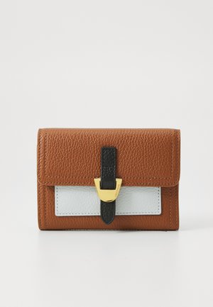 Brown textured leather wallet with a black strap and gold hardware, featuring a light blue panel. Compact rectangular shape.
