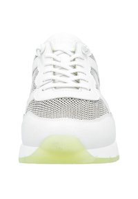 White athletic shoe with mesh upper, laces, and green-tinted outsole. Features smooth leather accents and a rounded toe design.