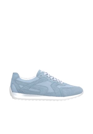 Light blue sneaker with mesh panels, suede overlays, white laces, and a white sole with tread pattern, shown in side profile.