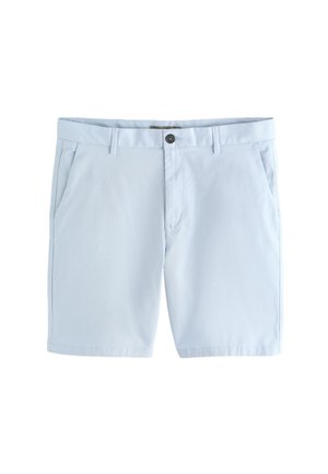 Shorts homme bleu clair avec passants de ceinture, fermeture avant à boutons et poches latérales sur fond blanc.