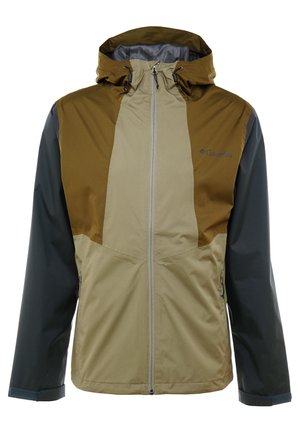 Veste d'extérieur à capuche avec fermeture éclair frontale, corps olive et marron, manches noires, et sangles de poignet réglables par Columbia.