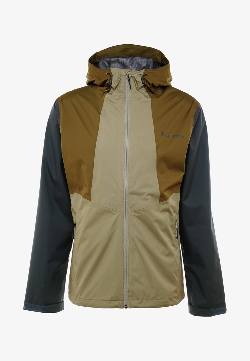 Veste d'extérieur à capuche avec fermeture éclair frontale, corps olive et marron, manches noires, et sangles de poignet réglables par Columbia.