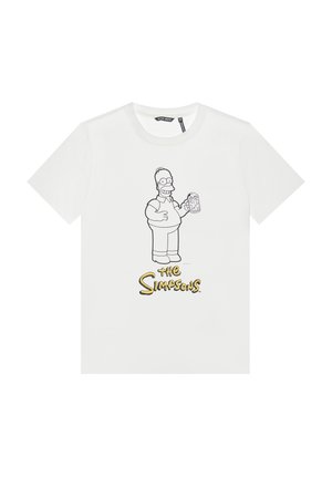 Camiseta blanca de algodón con una ilustración en contorno negro de un personaje de dibujos animados sosteniendo una bebida, con el texto "Los Simpsons" debajo.