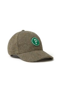 Gorra con patrón de espiga en tonos verdes y marrones apagados. Presenta un pico redondeado y un parche de logotipo bordado en verde. Material de mezcla de lana texturizado.
