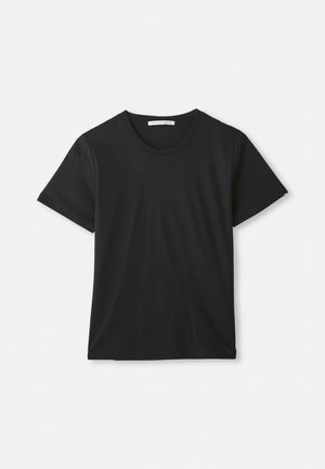 Black short-sleeve crew neck cotton T-shirt laid flat on white background with visible brand label inside collar.