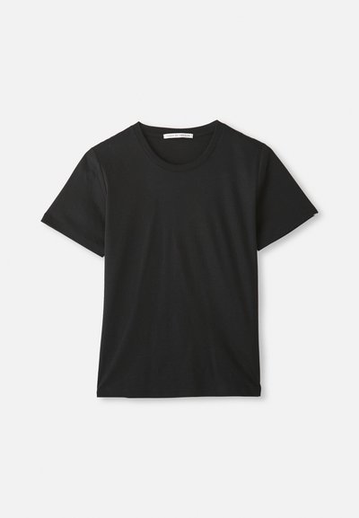 Black short-sleeve crew neck cotton T-shirt laid flat on white background with visible brand label inside collar.