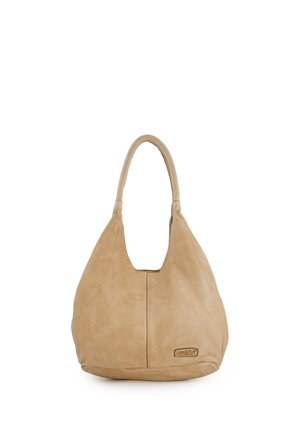 Beige læder skuldertaske med ét håndtag og mærket "Venezia" syet nær nederste højre hjørne.