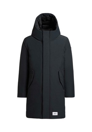 Giacca parka nera con colletto alto, chiusura frontale con zip e due tasche laterali. Presenta un tessuto liscio e una toppa con logo all'orlo.