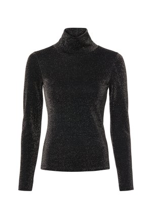 Haut noir à manches longues et col roulé avec texture scintillante, coupe ajustée et tissu lisse.