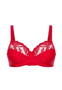 Rode bh met een gaaspaneel en verfijnde kantdetails, gladde onderdraadbekers, verstelbare bandjes en geschulpte randen.
