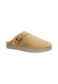 Beige fuzzy slippers met een zachte, gemêleerde bovenkant, een ronde gesp-accent, en een flexibele beige zool, ontworpen voor comfort en gemakkelijk dragen.