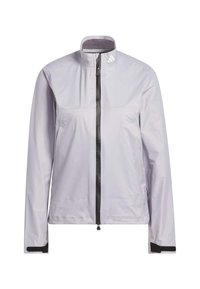 Light grey windbreaker jacket features a high collar, front zipper, and black accents at cuffs. Smooth fabric with minimal design elements.