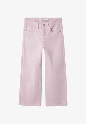 Bleda roza široke jeans hlače iz denima, ki vsebujejo dve sprednji žepki, gumbasto zapiranje in subtilne detajle šivanja.
