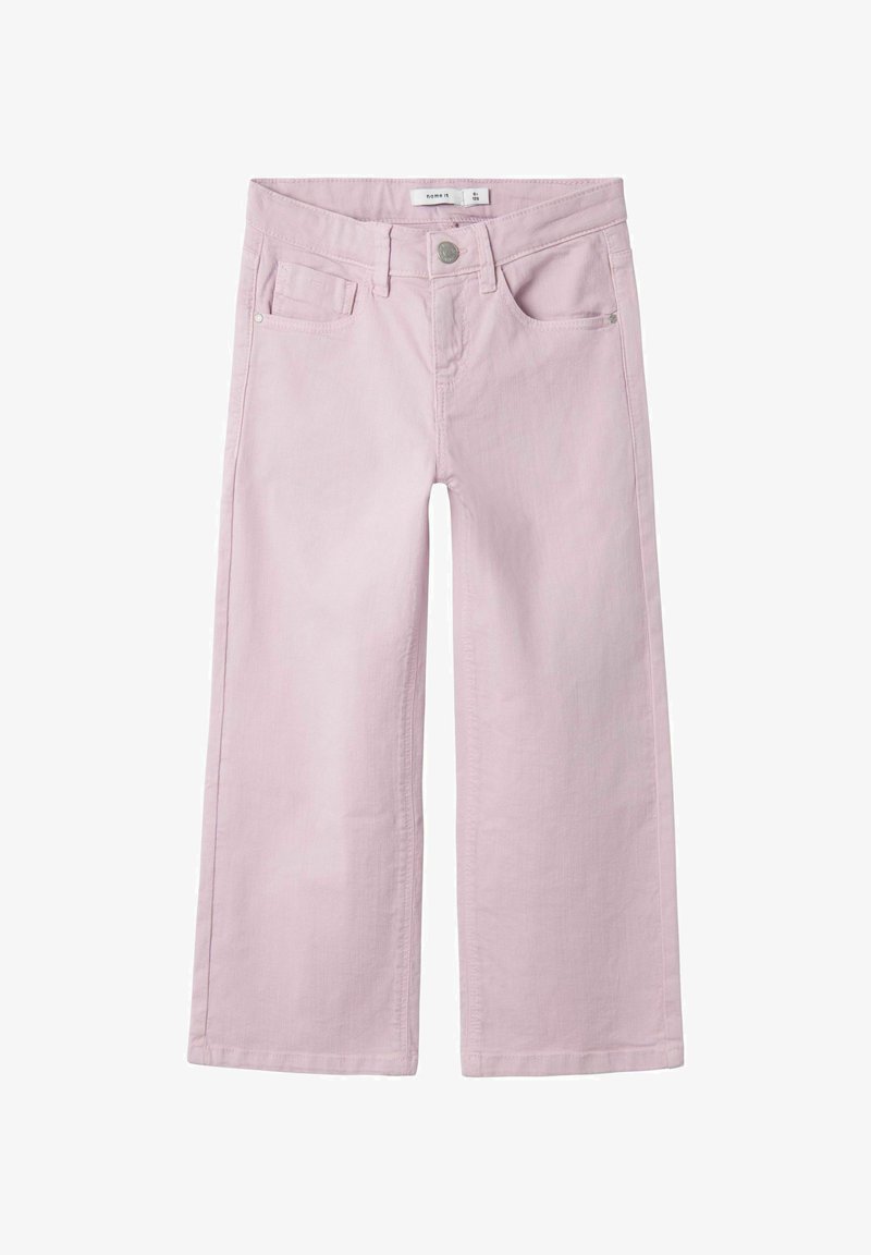 Svijetloružičaste široke traperice izrađene od denima, s dva prednja džepa, zatvaranjem na gumb i suptilnim detaljima šivanja.