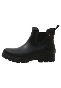 Botas de tobillo de goma negra con paneles laterales elásticos, acabado texturizado, tira de tracción en la parte posterior y detalle de rayas en contraste en el talón.