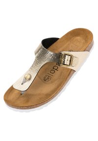 Guldmetallic tanga sandal med en tekstureret overdel, justerbar spænde og en korkfodseng. Hvid gummisål, glat stofforing.
