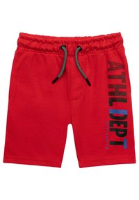 Rote Sportshorts mit elastischem Bund, schwarzem Kordelzug und einem grafischen "ATHL DEPT" Druck in Blau und Schwarz an der Seite.