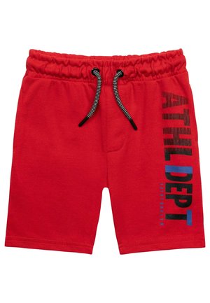 Rote Sportshorts mit elastischem Bund, schwarzem Kordelzug und einem grafischen "ATHL DEPT" Druck in Blau und Schwarz an der Seite.