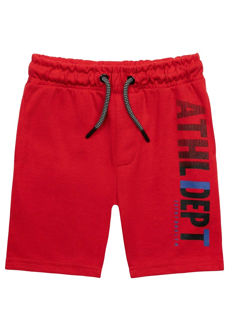 Rote Sportshorts mit elastischem Bund, schwarzem Kordelzug und einem grafischen "ATHL DEPT" Druck in Blau und Schwarz an der Seite.