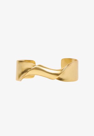 Gold cuff bracelet featuring a twisted design, smooth texture, and polished finish. The ends are slightly rounded, enhancing its sculptural form.