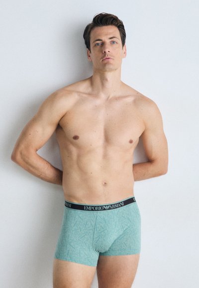 Boxeri mint cu talie neagră, având logo-ul "EMPORIO ARMANI". Material cu un model geometric texturat, design ajustat.