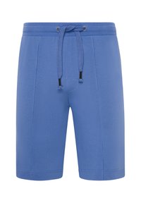 Blauwe sportieve shorts van zacht materiaal, met een elastische tailleband met trekkoord en zijzakken voor extra gemak.