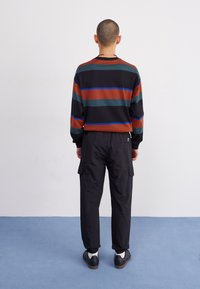 Proužkované tričko s dlouhým rukávem v černé, hnědé, zelené a modré barvě, doplněné černými cargo kalhotami a černými teniskami s texturovanou podrážkou.