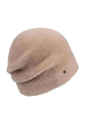 Zachte, lichtroze, fuzzy beret-stijl muts met een slouchy pasvorm en klein metallic rond logo aan de zijkant.