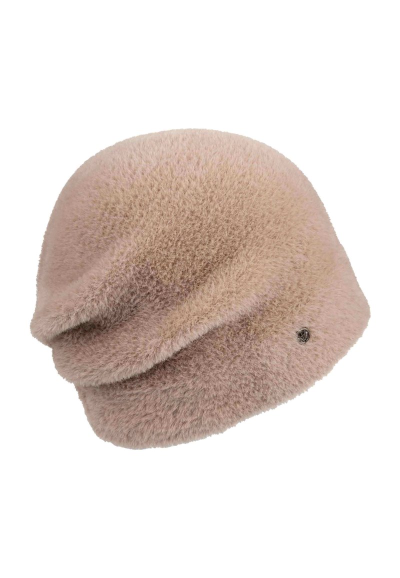 Berretto morbido, di un leggero rosa pallido, in stile berretto morbido con una vestibilità slouchy e un piccolo logo circolare metallico sul lato.