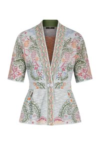Lühikeste varrukatega kootud kardigan lille- ja viinapuu mustritega rohelises, roosas, oranžis ja lillakas, esil kahe nupuga ning sügava V-kaelusega.