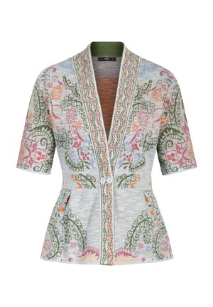 Kort gebreid vest met korte mouwen en bloemen- en wijnrankpatronen in groen, roze, oranje en paars, met twee knopen aan de voorkant en een diepe V-hals.