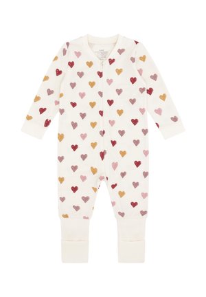 Cremfarbener Baby-Overall mit langen Ärmeln und mehrfarbigen Herzmustern in Rot, Pink, Senfgelb und Mauve, ausgestattet mit einem Reißverschluss auf der Vorderseite.