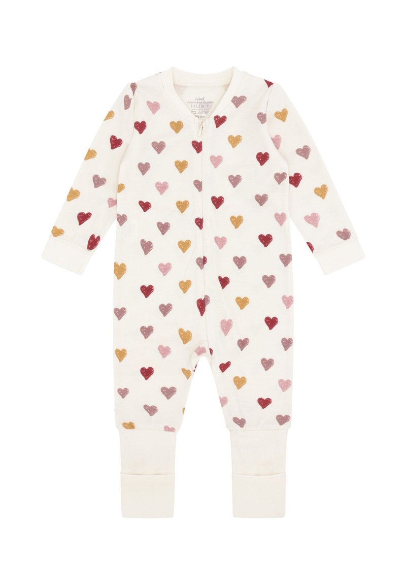 Cremfarbener Baby-Overall mit langen Ärmeln und mehrfarbigen Herzmustern in Rot, Pink, Senfgelb und Mauve, ausgestattet mit einem Reißverschluss auf der Vorderseite.
