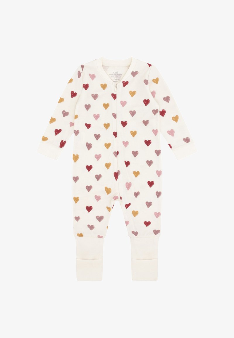 Cremfarbener Baby-Overall mit langen Ärmeln und mehrfarbigen Herzmustern in Rot, Pink, Senfgelb und Mauve, ausgestattet mit einem Reißverschluss auf der Vorderseite.