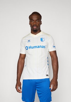 White short-sleeve soccer jersey with blue accents and logo, featuring vertical pinstripes. Paired with blue shorts.