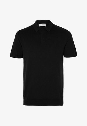 Black polo shirt made from fine knit fabric, featuring a classic collar, three-button placket, and short sleeves. Ribbed hem detail.