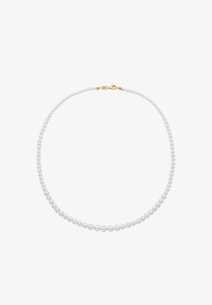 Collier de perles composé de perles blanches rondes enfilées avec un fermoir en or, présentant une texture lisse et une taille uniforme.