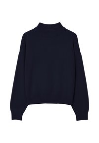 Pull en maille bleu marine avec un col côtelé haut, des épaules tombantes et des manches longues. Présente un design court et une texture douce.